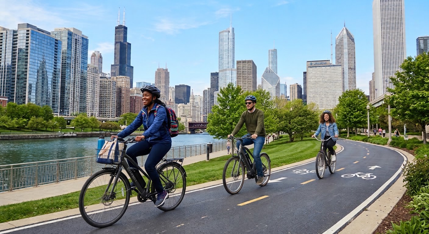 Cyclistic E-Bike Riders on Chicago Riverwalk
